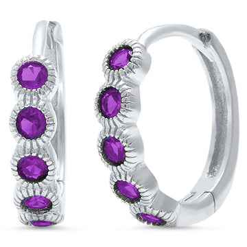 Huggie Hoop Earring Round Amethyst CZ 925 Sterling Silver